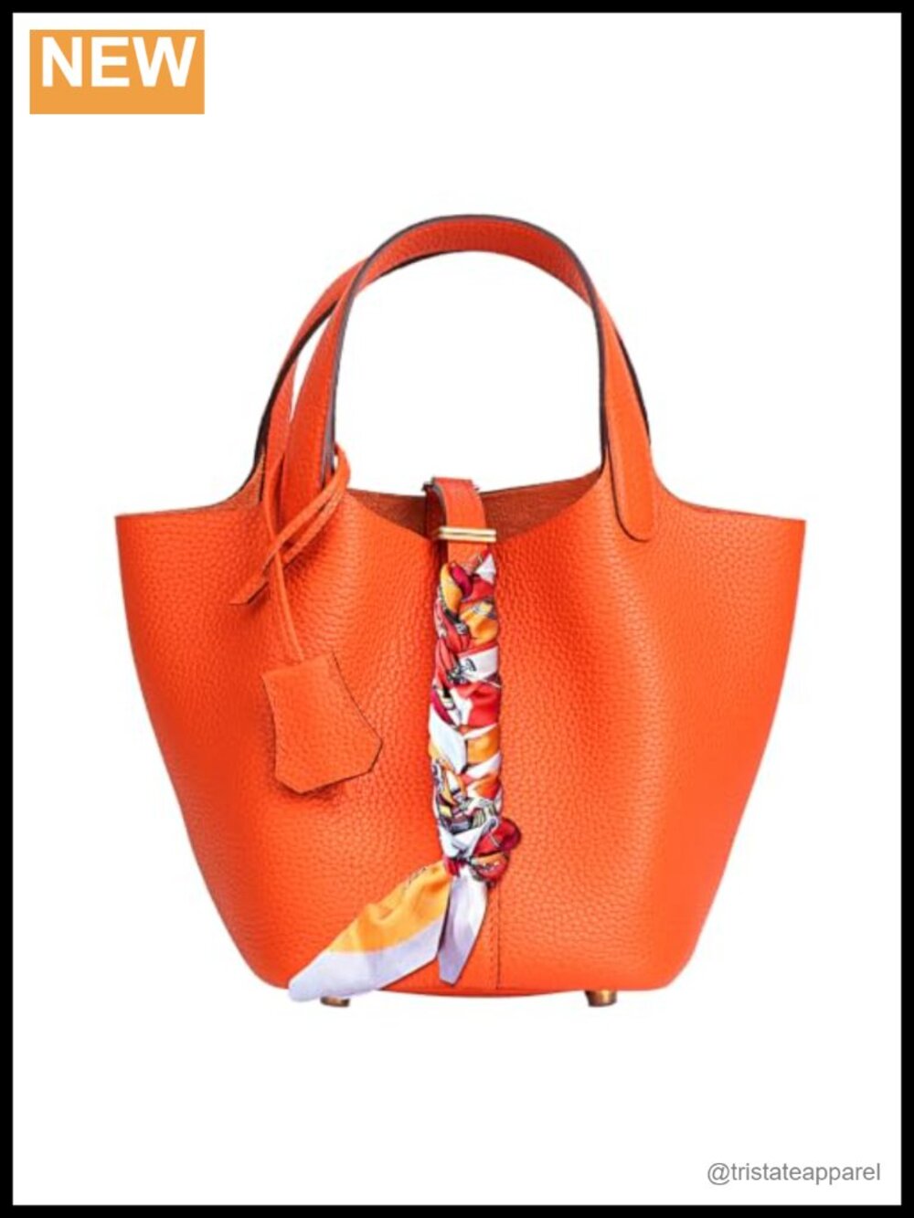 Genuine Leather Bucket Bag with Detachable Scarf Metal Clasp Tote for Women